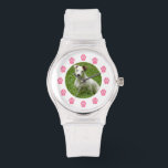 Anpassningsbar Pet Photo Watch - Rosa Tass avtryck Armbandsur<br><div class="desc">En klocka med rosa tass avtryck med siffror. Anpassa med din egen uppladdning av husdjursfoto i mitten.</div>