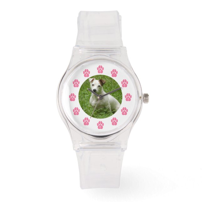 Anpassningsbar Pet Photo Watch - Rosa Tass avtryck Armbandsur (Framsida)