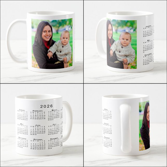 Anpassningsbar Photo 2026 Calendar Coffee Mugg (Custom Photo 2026 Calendar Coffee Mug, multiple views)