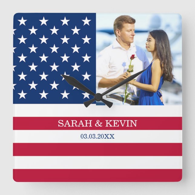 Anpassningsbar Photo American Flagga Fyrkantig Klocka (Framsida)