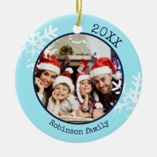 Anpassningsbar Photo Aqua Blue Snowflake Circle Or Julgransprydnad Keramik