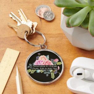 Anpassningsbar Photo Art Namn Monogram-offert för Rund Silverfärgad Nyckelring