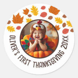 Anpassningsbar Photo Baby 1st Thanksgiving Fall Gi Runt Klistermärke