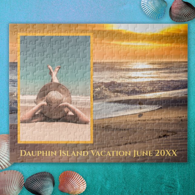 Anpassningsbar Photo Beach Sunset Vacation Memorie Pussel (Vacation Memory Beach Sunset with Family Photo Jigsaw Puzzle)