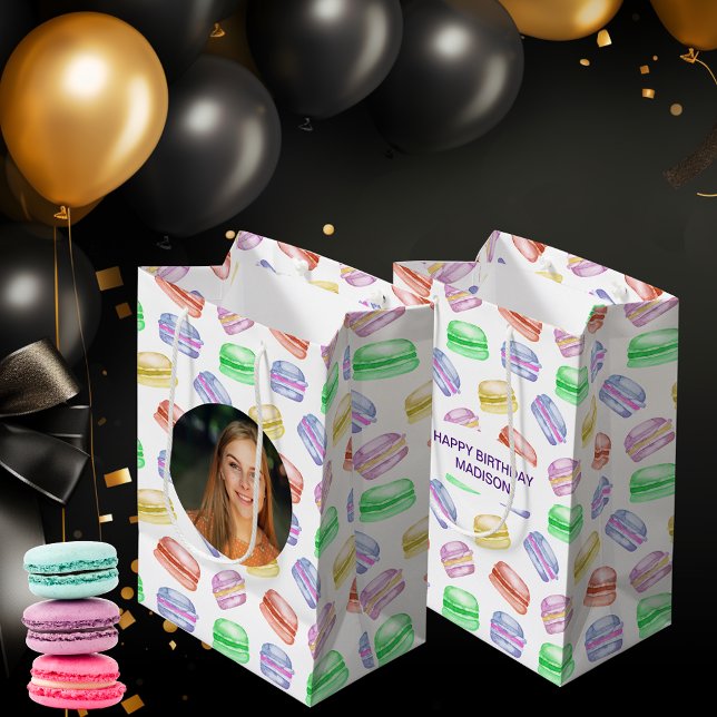 Anpassningsbar Photo Birthday Mönster Cookies Maca (Custom Photo Birthday Pattern Cookies Macarons Medium Gift Bag)