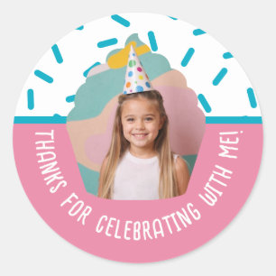 Anpassningsbar Photo Birthday Tack Cupaka Sprinkle Runt Klistermärke
