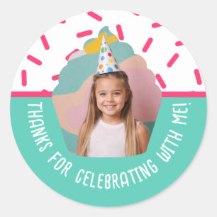 Anpassningsbar Photo Birthday Tack Cupaka Sprinkle Runt Klistermärke