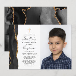 Anpassningsbar Photo Black Agate Guld First Commun Inbjudningar