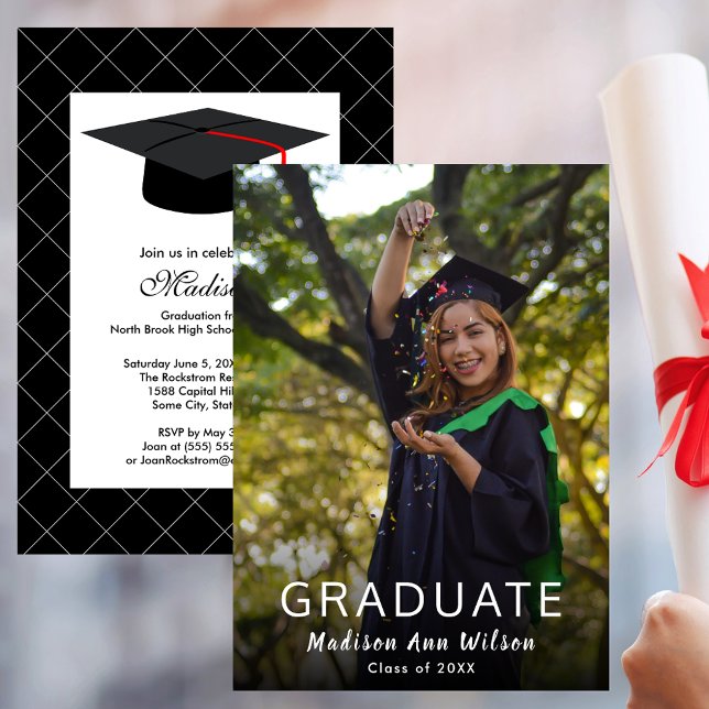 Anpassningsbar Photo Black Grad Cap-Studentfest Inbjudningar (Custom Photo Black Grad Cap Graduation Party Invitation)