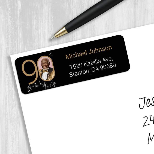 Anpassningsbar Photo Black Guld 90:e födelsedag Ad Returadress Etikett (Custom Photo Black Gold 90th Birthday Address Label)