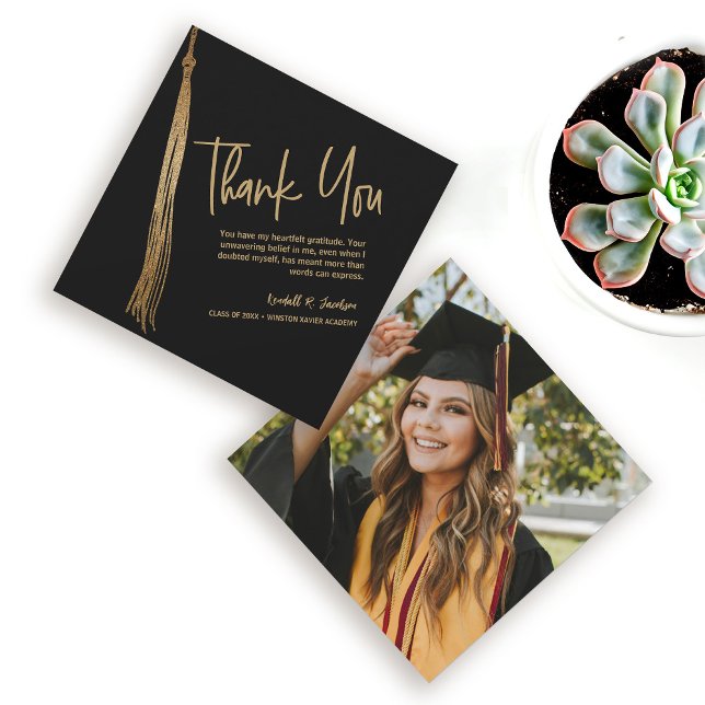 Anpassningsbar Photo Black Guld Tassel Unik Studen Tack Kort (Unique, creative Black gold tassel graduation photo thank you card.)