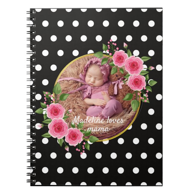 Anpassningsbar Photo Black White Polka Dot Mor's D Anteckningsbok (Framsidan)