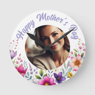 Anpassningsbar Photo Blommigt Wall Clock - Mor's D Rund Klocka
