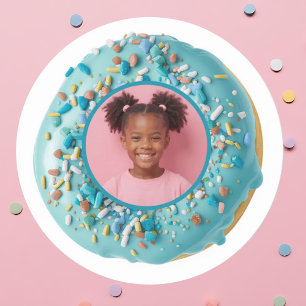 Anpassningsbar Photo Blue Donut Sprinkles Födelsed Runt Klistermärke