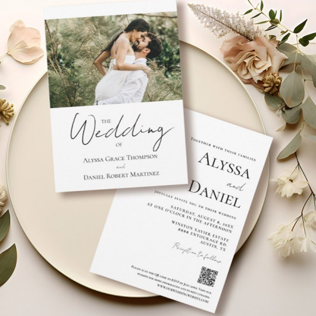 Anpassningsbar Photo Bröllop webbplats Black and W Inbjudningar (Custom personalized engagement photo "The wedding of "invitation with qr code wedding website.)