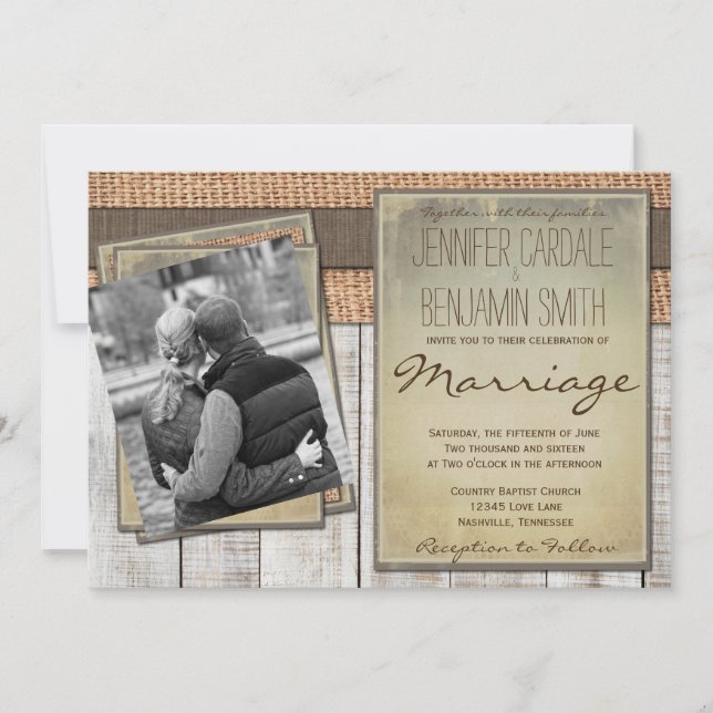 Anpassningsbar Photo Burlap Barn Wood Wedding Inve Inbjudningar (Framsida)