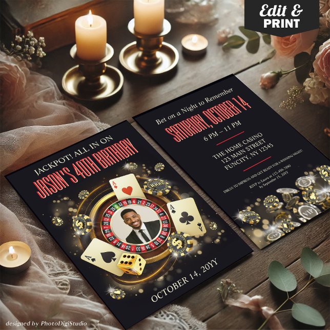 Anpassningsbar Photo Casino Födelsedagsfest Inbjud Inbjudningar (Custom Photo Casino Birthday Party Invite, Casino Invitation with Photo)