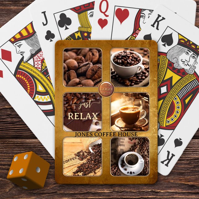 Anpassningsbar Photo Coffee House Casinokort (Playing cards featuring 6 photos framed by a grunge coffee design and your own logo)