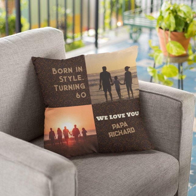 Anpassningsbar Photo Collage 60:e födelsedagsgåvor Kudde (60th Birthday Gifts for Men)