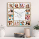 Anpassningsbar Photo Collage Besties Guld Glitter Fyrkantig Klocka<br><div class="desc">Gör den här eleganten för trendig vit och guld faux glitter fotokollage-väggklocka unik med 12 av dina favoritfoton med din eller dina bästa vänner. Utformningen har också ett modernt handskript med "Besties"-skript,  namn och det datum du träffades.</div>