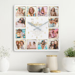 Anpassningsbar Photo Collage Besties Guld White Fyrkantig Klocka<br><div class="desc">Gör den här eleganten för trendig vit och guld fotosamlingsmur unik med 12 av dina favoritfoton med din eller dina bästa vänner. Utformningen har också ett modernt handskript med "Besties"-skript och ett vackert anpassade med "Vänskap är ett sinne i två kroppar".</div>