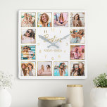 Anpassningsbar Photo Collage Besties Guld White Fyrkantig Klocka<br><div class="desc">Gör den här eleganten för trendig vit och guld fotosamlingsmur unik med 12 av dina favoritfoton med din eller dina bästa vänner. Utformningen har även ett modernt handskript med "Besties"-skript och namn.</div>