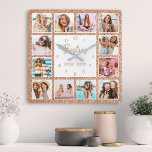 Anpassningsbar Photo Collage Besties Ro Guld Glitt Fyrkantig Klocka<br><div class="desc">Gör den här eleganten för trendig vit och ro guld faux-fotosamlingsmur för glitter unik med 12 av dina favoritfoton med din eller dina bästa vänner. Utformningen har även ett modernt handskript med "Besties"-skript och namn.</div>