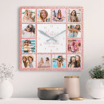 Anpassningsbar Photo Collage Besties  Rosa Glitter Fyrkantig Klocka<br><div class="desc">Gör den här eleganten av trendiget till vit och  rosa-faux-fotosamlingsmur med glitter unik med 12 av dina favoritfoton med din eller dina bästa vänner. Utformningen har också ett modernt handskript med "Besties"-skript,  namn och det datum du träffades.</div>