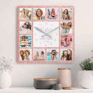Anpassningsbar Photo Collage Besties  Rosa Glitter Fyrkantig Klocka