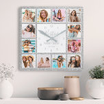 Anpassningsbar Photo Collage Besties Silver Glitte Fyrkantig Klocka<br><div class="desc">Gör den här eleganten för trendig vit och silver faux glitter fotokollage-väggklocka unik med 12 av dina favoritfoton med din eller dina bästa vänner. Utformningen har också ett modernt handskript med "Besties"-skript,  namn och det datum du träffades.</div>