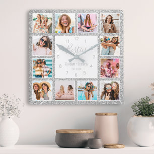 Anpassningsbar Photo Collage Besties Silver Glitte Fyrkantig Klocka