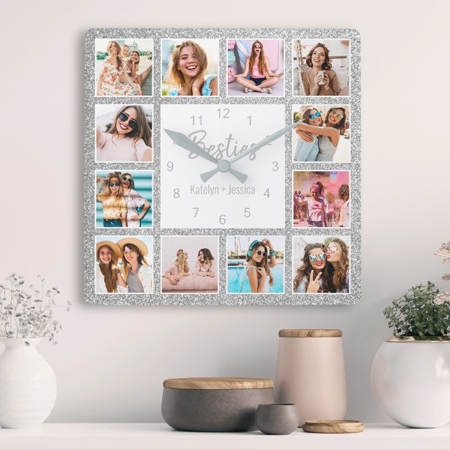 Anpassningsbar Photo Collage Besties Silver Glitte Fyrkantig Klocka (Skapare uppladdad)