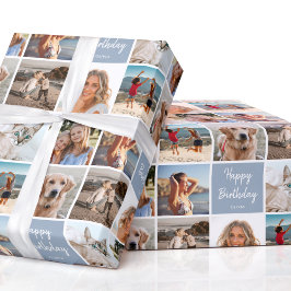 Anpassningsbar Photo Collage Birthday Modern Blue  Presentpapper