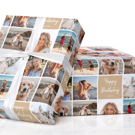 Anpassningsbar Photo Collage Birthday Modern Guld Presentpapper