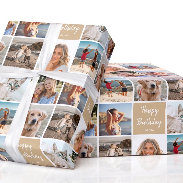 Anpassningsbar Photo Collage Birthday Modern Guld Presentpapper (Skapare uppladdad)