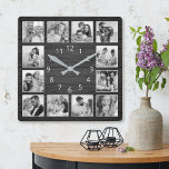 Anpassningsbar Photo Collage Elegant Black Wood Fa Fyrkantig Klocka<br><div class="desc">Anpassa enkelt den svarta träplattans elegant stil-väggklocka med anpassningsbarnas foton. Mallen användor ett svartvitt fotofilter för att skapa ett mer koordinerat utseende. För bästa resultat ska skörd gå till kvadrat - med skärningspunkten i mitten - före uppladdning.</div>