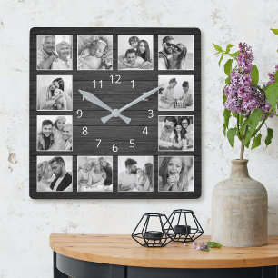 Anpassningsbar Photo Collage Elegant Black Wood Fa Fyrkantig Klocka