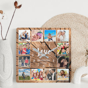 Anpassningsbar Photo Collage Family Kärlek Wood Lo Fyrkantig Klocka