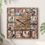 Anpassningsbar Photo Collage Family Rustic Wooden  Fyrkantig Klocka<br><div class="desc">Anpassa enkelt den här soliga väggklockan på träfat med dina anpassningsbar. Mallen användor ett fotofilter för att skapa ett mer samordnat utseende. För bästa resultat ska skörd gå till kvadrat - med skärningspunkten i mitten - före uppladdning.</div>