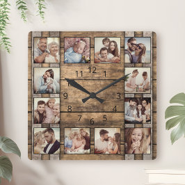 Anpassningsbar Photo Collage Family Rustic Wooden  Fyrkantig Klocka