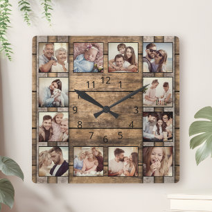 Anpassningsbar Photo Collage Family Rustic Wooden Fyrkantig Klocka