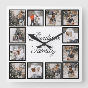 Anpassningsbar Photo Collage med Family Namn Fyrkantig Klocka