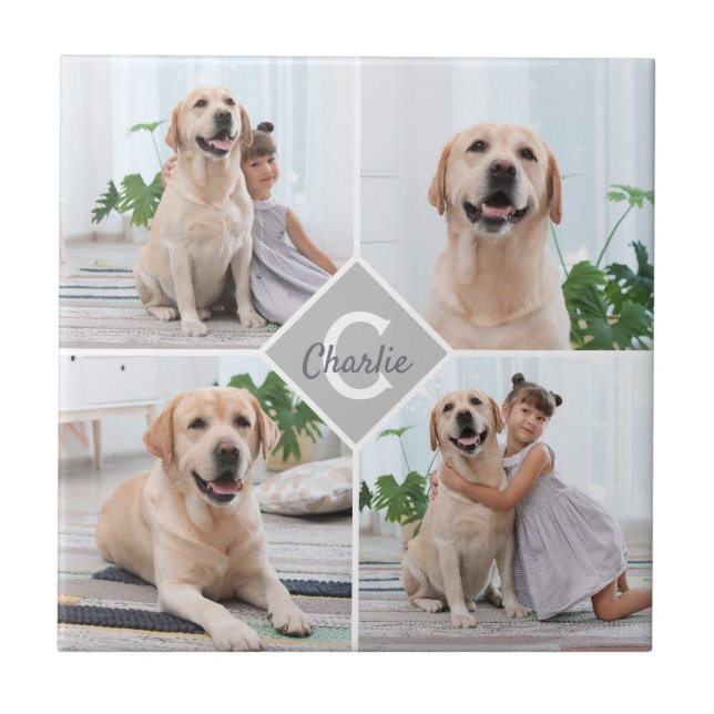Anpassningsbar Photo Collage Monogram Namn Hund Kakelplatta (Framsidan)
