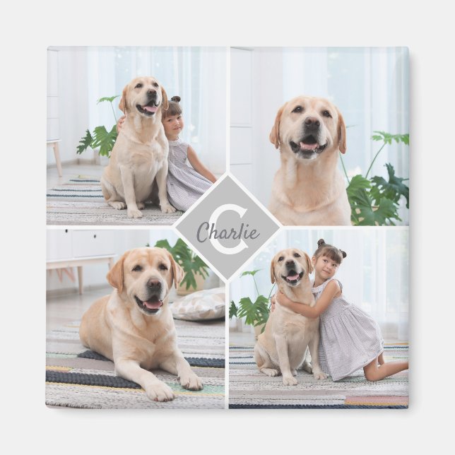 Anpassningsbar Photo Collage Monogram Namn Hund Magnet (Framsidan)