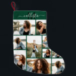Anpassningsbar Photo Collage Monogram Namn Initial Liten Julstrumpa<br><div class="desc">Denna söta och coola julklapp är perfekt för varje familjemedlem. Gör en speciell och anpassad lagring för din helgdag-dekoration. Den har nio fotokollage i anpassadet bild med en personlig i monogram namn, inledningsvis mörk grönt och vitt ovanpå en enkel bakgrund av grönten i skogen. Det är elegant, roligt, modern och...</div>