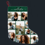Anpassningsbar Photo Collage Monogram Namn Initial Liten Julstrumpa<br><div class="desc">Denna söta och coola julklapp är perfekt för varje familjemedlem. Gör en speciell och anpassad lagring för din helgdag-dekoration. Den har nio fotokollage i anpassadet bild med en personlig i monogram namn, inledningsvis mörk grönt och vitt ovanpå en enkel bakgrund av grönten i skogen. Det är elegant, roligt, modern och...</div>