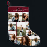 Anpassningsbar Photo Collage Monogram Namn Initial Liten Julstrumpa<br><div class="desc">Denna söta och coola julklapp är perfekt för varje familjemedlem. Gör en speciell och anpassad lagring för din helgdag-dekoration. Den har nio fotokollage i anpassadet bild med en personlig i monogrammet namn i mörk som inledningsvis är i burgundi och vit ovanpå en enkel burgundröd bakgrund. Det är elegant, roligt, modern...</div>
