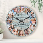 Anpassningsbar Photo Collage Natural Wood Family N Rund Klocka<br><div class="desc">Skapa enkelt din egen personlig blå,  roliga drivträplåt från sjö hus stil med väggklocka med dina anpassningsbar foton,  familjens namn och ett etablerat år. För bästa resultat ska skörd gå till kvadrat - med skärningspunkten i mitten - före uppladdning.</div>