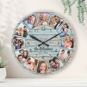 Anpassningsbar Photo Collage Natural Wood Family N Rund Klocka