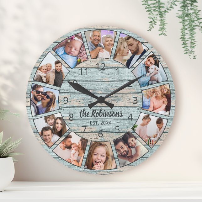 Anpassningsbar Photo Collage Natural Wood Family N Rund Klocka (Skapare uppladdad)